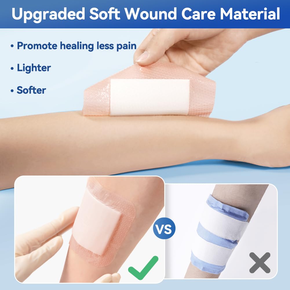 Dimora 20 Count Silicone Super Absorbent Wound Dressing - Gentle Border 5" x 5" Adhesive Bandages for Diabetic Foot Ulcers, Heavy Exudate Wound Care Pads with Ultrasorb Polymer - Image 6