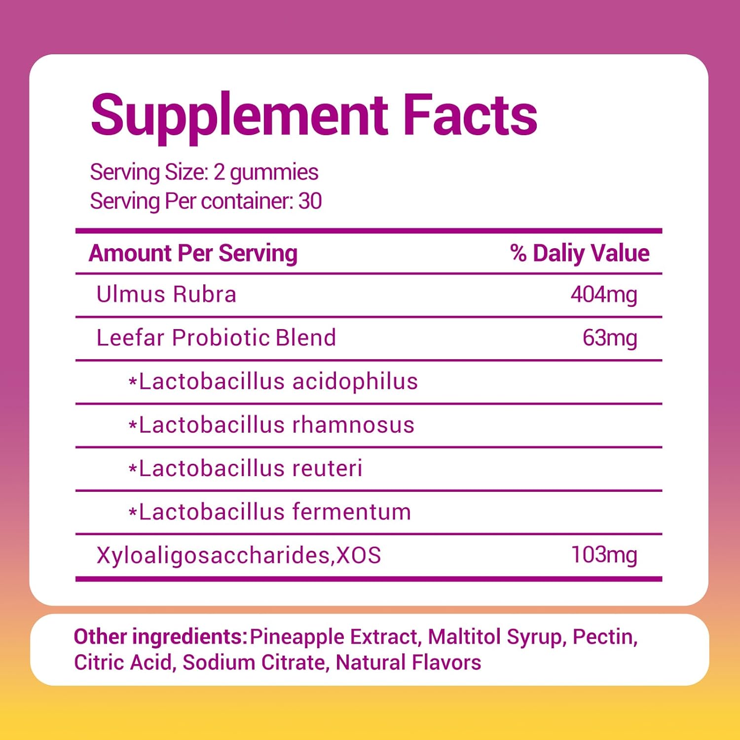 Her Juicy Women's Probiotic Gummies: Supports Women’s Wellness & pH Balance, Clean Vegan, Pineapple Flavor, Prebiotics & Lactobacillus Blend, with Slippery Elm, Gut Health & Immune Defense, 60 Gummies - Image 2