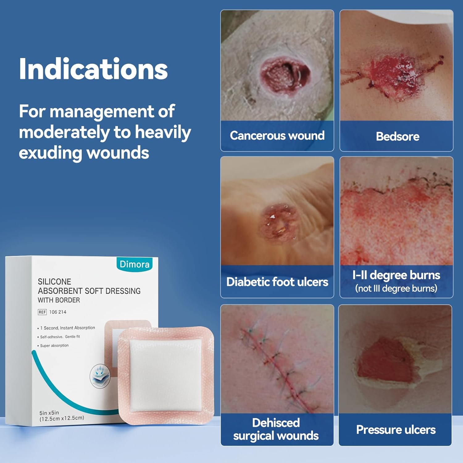 Dimora 20 Count Silicone Super Absorbent Wound Dressing - Gentle Border 5" x 5" Adhesive Bandages for Diabetic Foot Ulcers, Heavy Exudate Wound Care Pads with Ultrasorb Polymer - Image 3