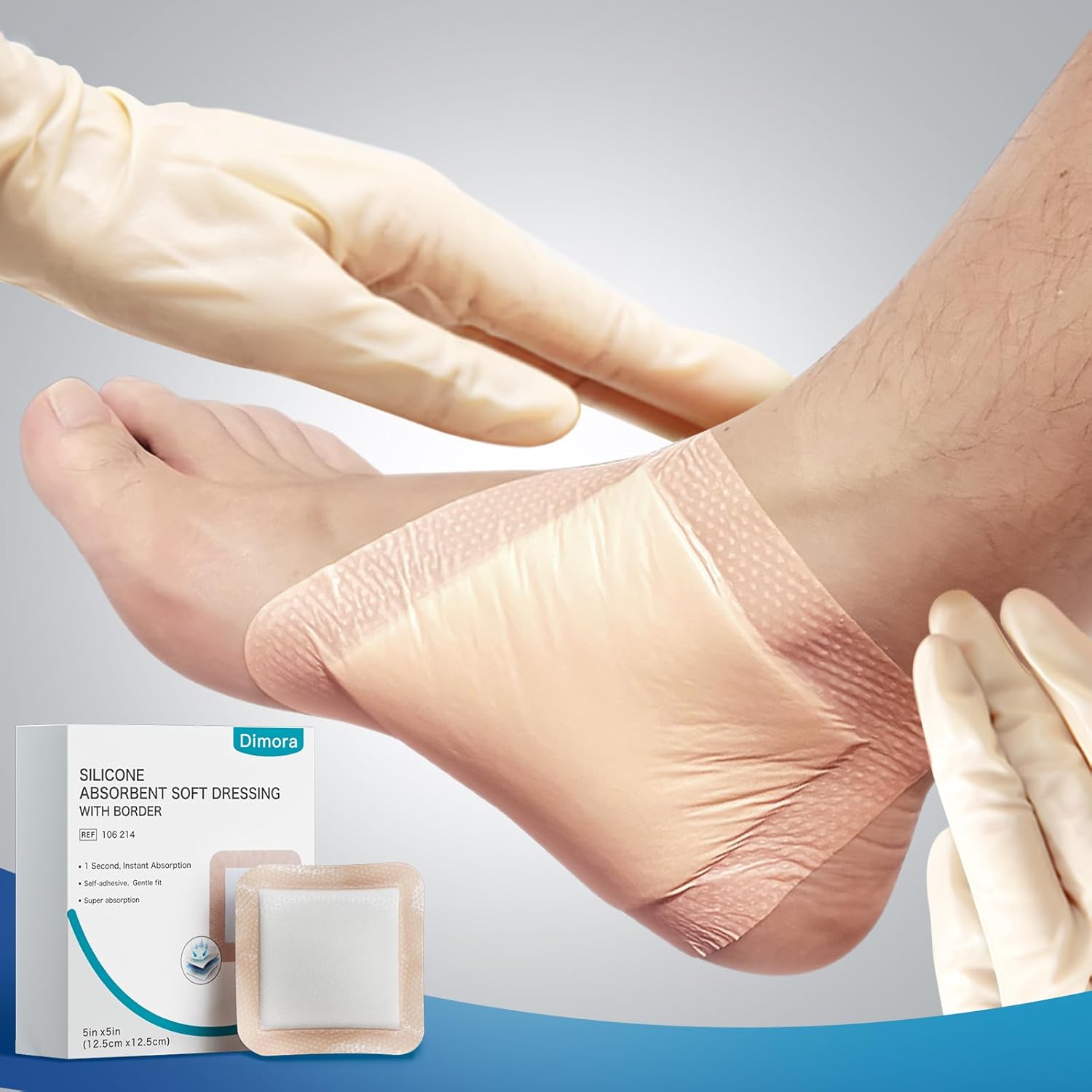 Dimora 20 Count Silicone Super Absorbent Wound Dressing - Gentle Border 5" x 5" Adhesive Bandages for Diabetic Foot Ulcers, Heavy Exudate Wound Care Pads with Ultrasorb Polymer - Image 4