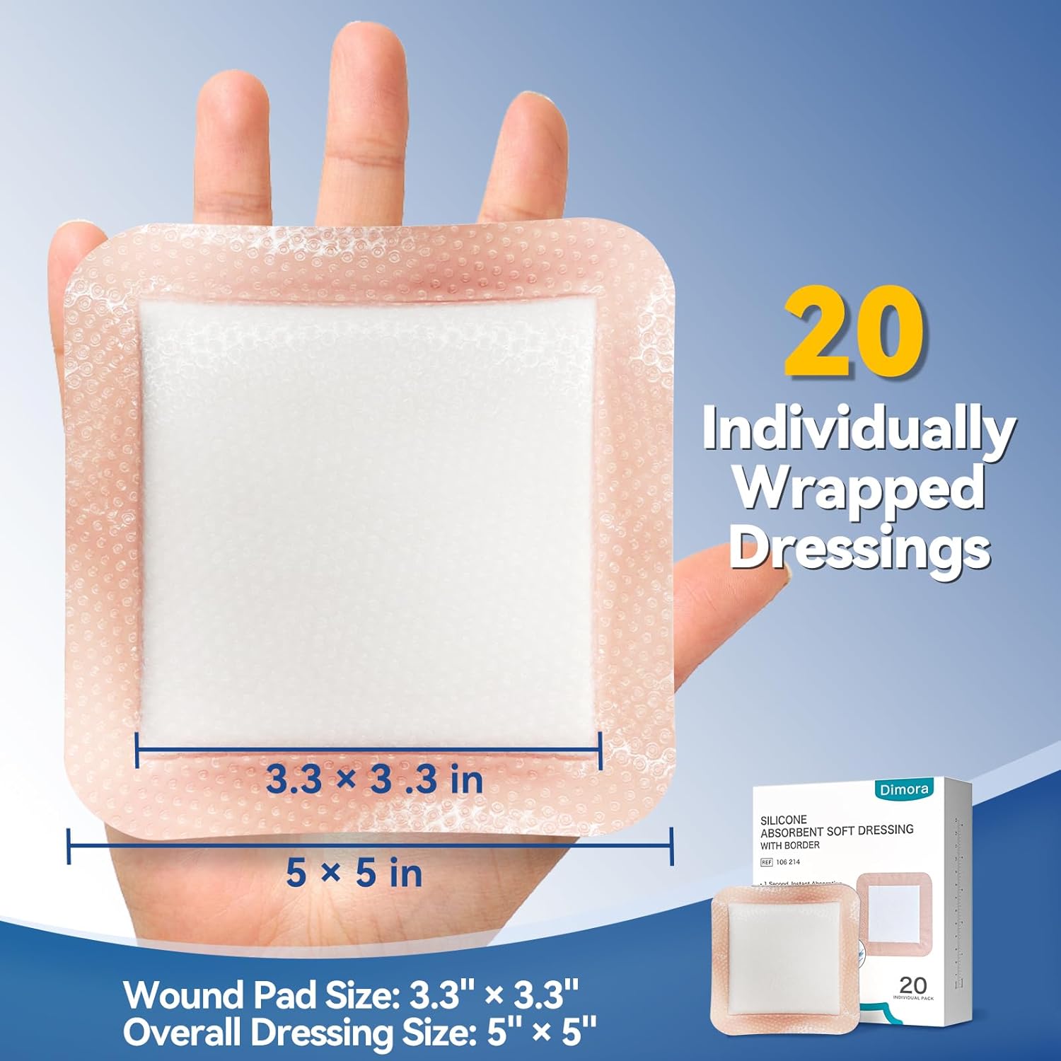 Dimora 20 Count Silicone Super Absorbent Wound Dressing - Gentle Border 5" x 5" Adhesive Bandages for Diabetic Foot Ulcers, Heavy Exudate Wound Care Pads with Ultrasorb Polymer - Image 2